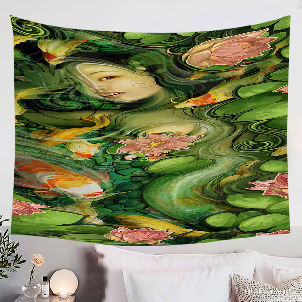 Japanese-Koi-Water-Lilies-and-Beautiful-Girl-Tapestry-Wall-Art-Prints