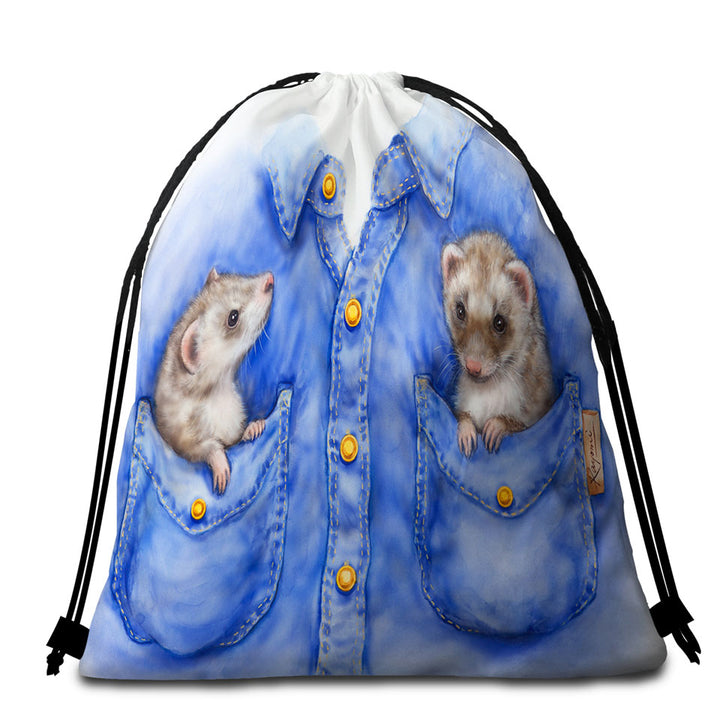 Kids Adorable Animal Drawings Pocket Ferrets Beach Towel Bags