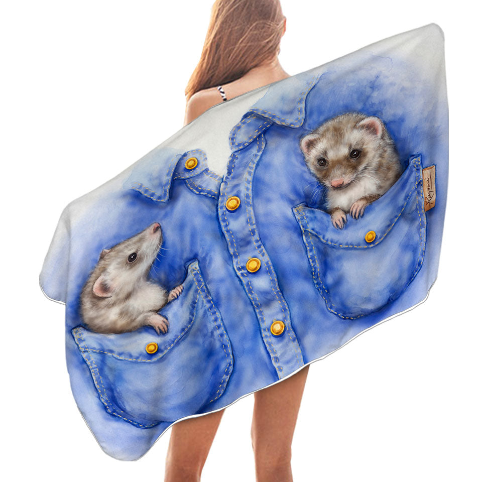 Kids Adorable Animal Drawings Pocket Ferrets Microfiber Beach Towel
