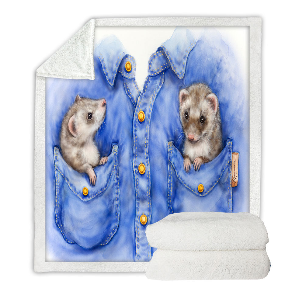 Kids Adorable Animal Drawings Pocket Ferrets Sherpa Blanket