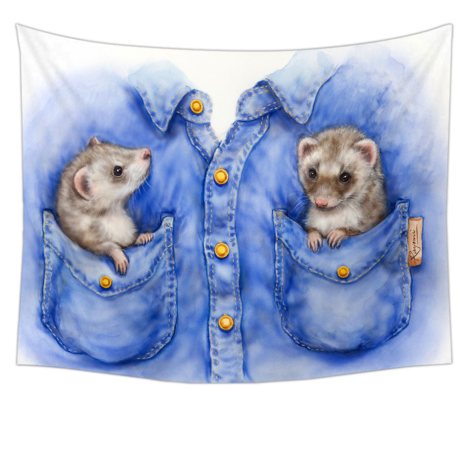 Kids Adorable Animal Drawings Pocket Ferrets Tapestry