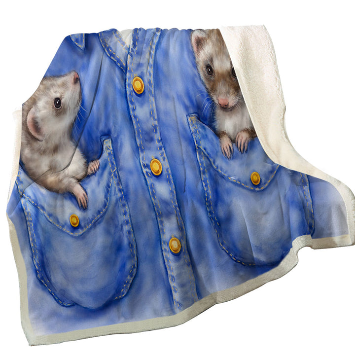 Kids Adorable Animal Drawings Pocket Ferrets Throw Blanket