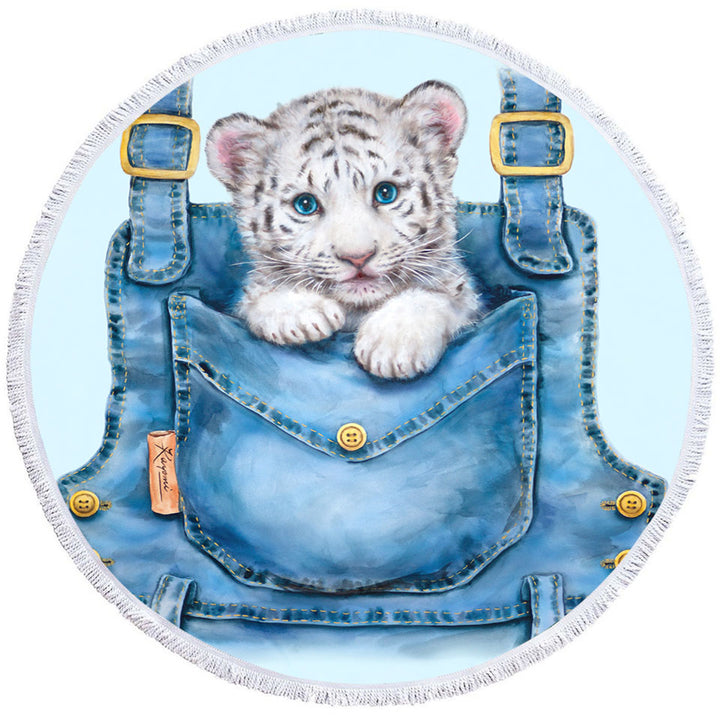 Kids Adorable Animal Drawings Pocket White Tiger Lightweight Beach Towel