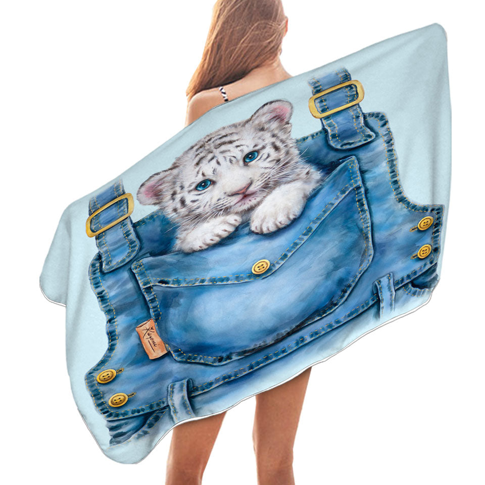 Kids Adorable Animal Drawings Pocket White Tiger Microfiber Beach Towel