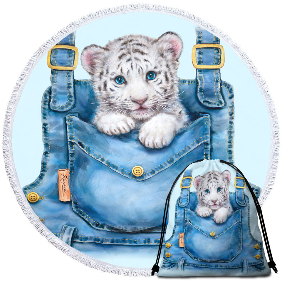 Kids Adorable Animal Drawings Pocket White Tiger Round Beach Towel