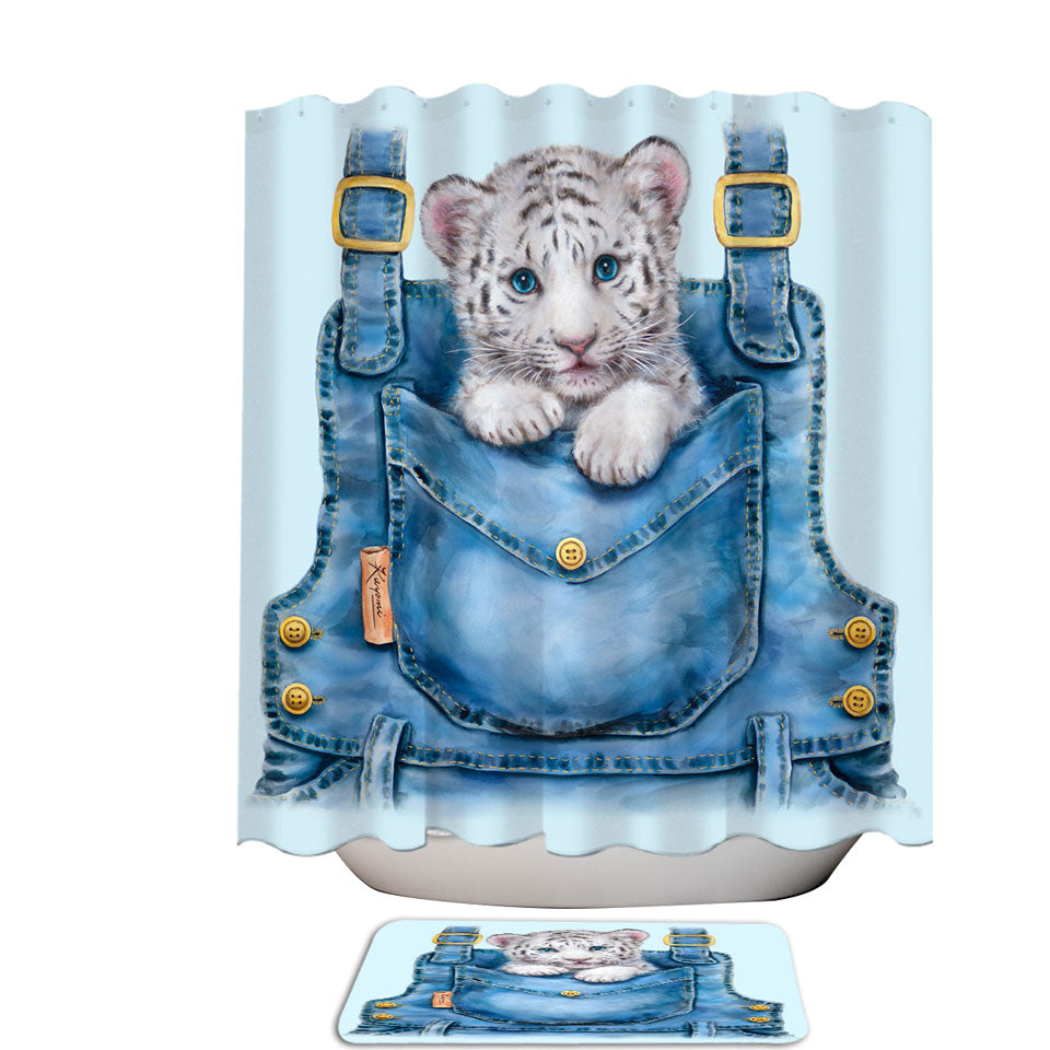 Kids Adorable Animal Drawings Pocket White Tiger Shower Curtains