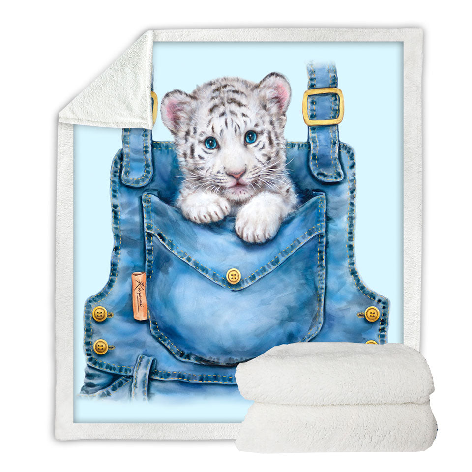 Kids Adorable Animal Drawings Pocket White Tiger Throw Blanket