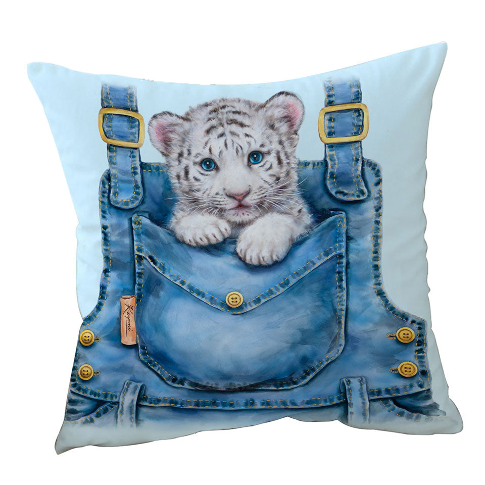 Kids Adorable Animal Drawings Pocket White Tiger Throw Pillows