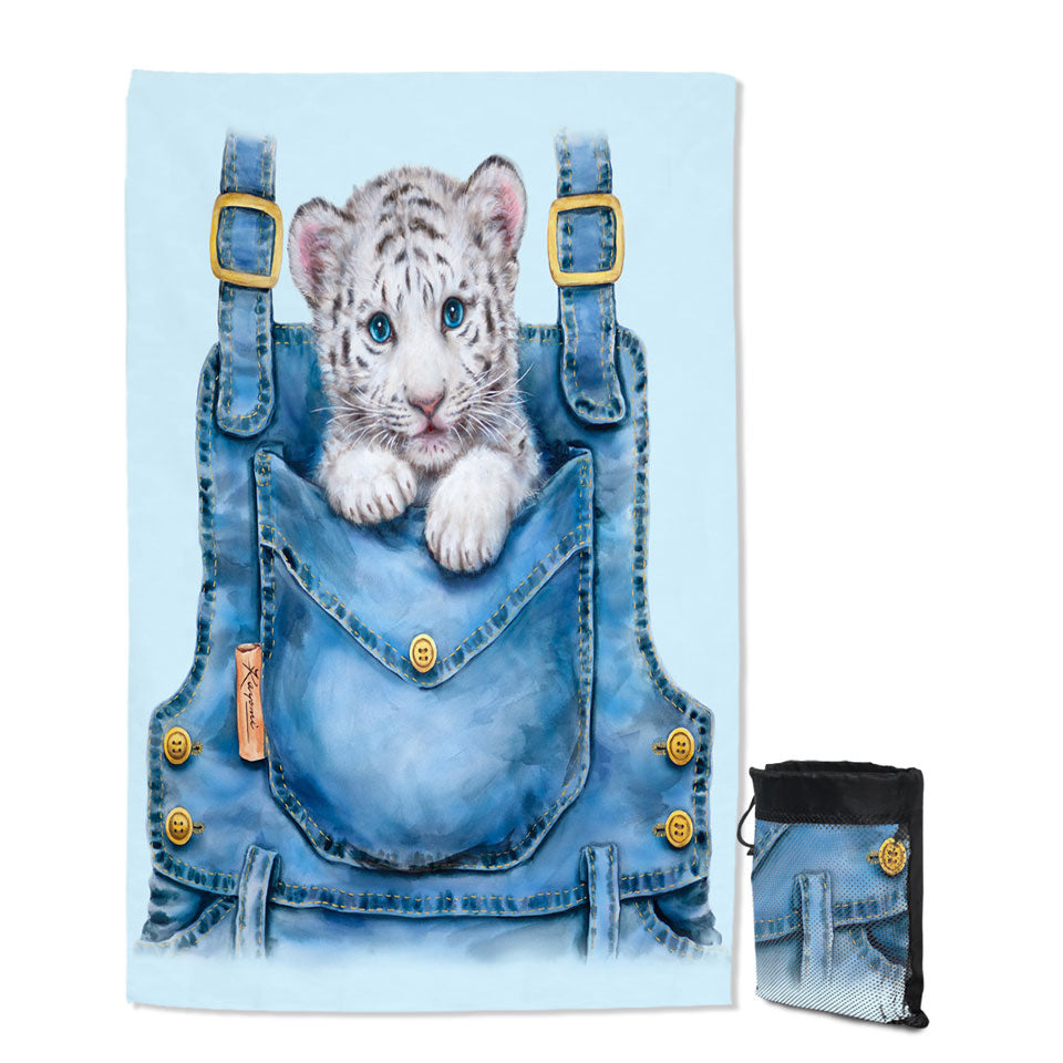 Kids Adorable Animal Drawings Pocket White Tiger Travel Beach Towel