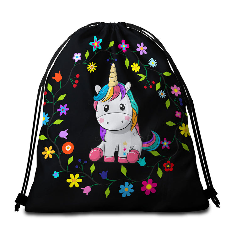 Kids Beach Bags and Towels with Simple Floral Circle and Adorable Unicorn