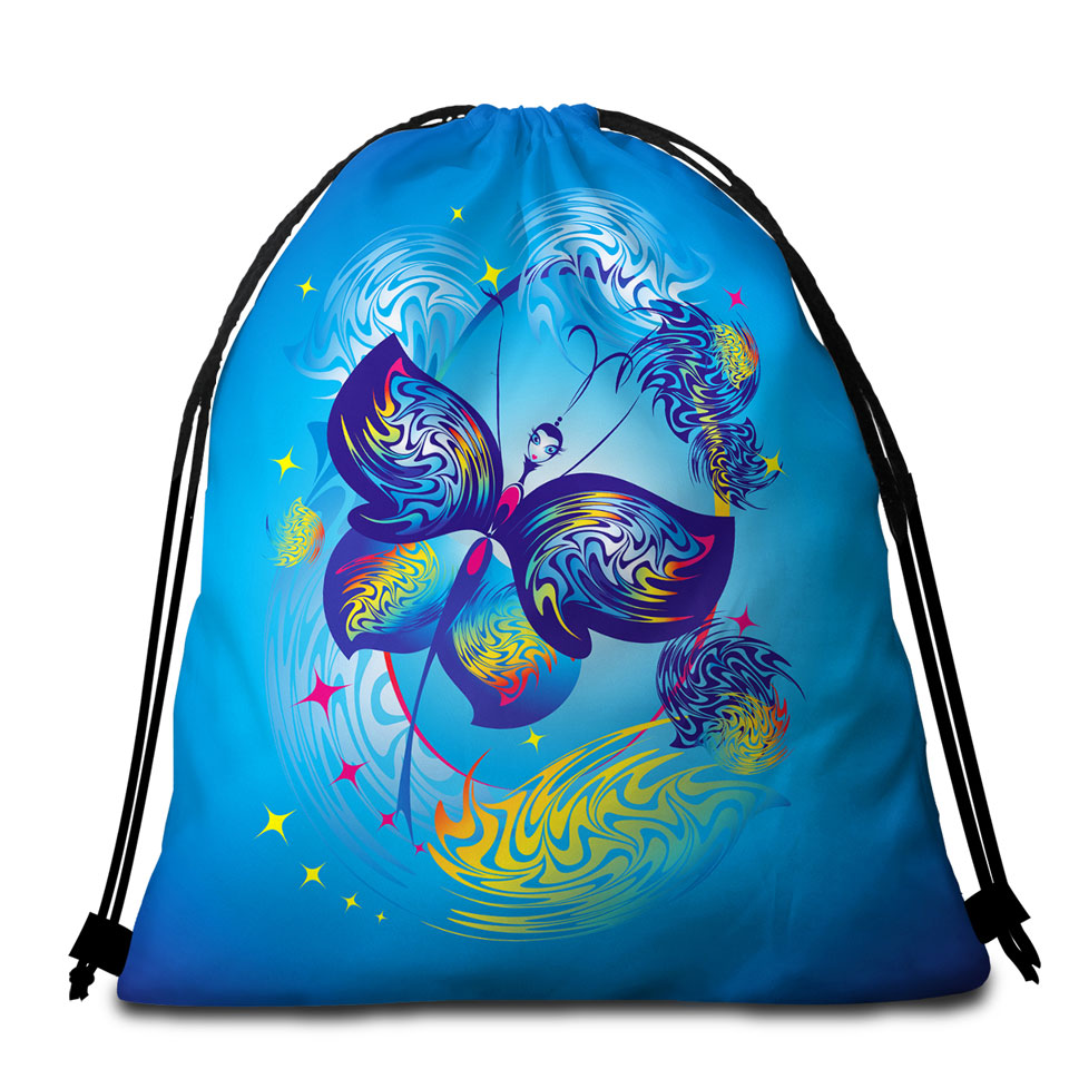 Kids Beach Towel Bags Blue Fairy Tale Butterfly Character