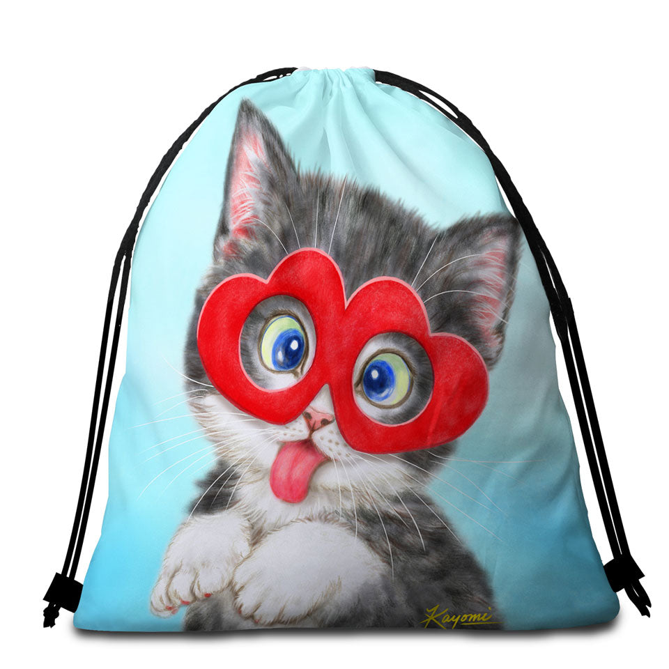 Kids Beach Towel Bags Cute Silly Kitten Wearing Heart Glasses