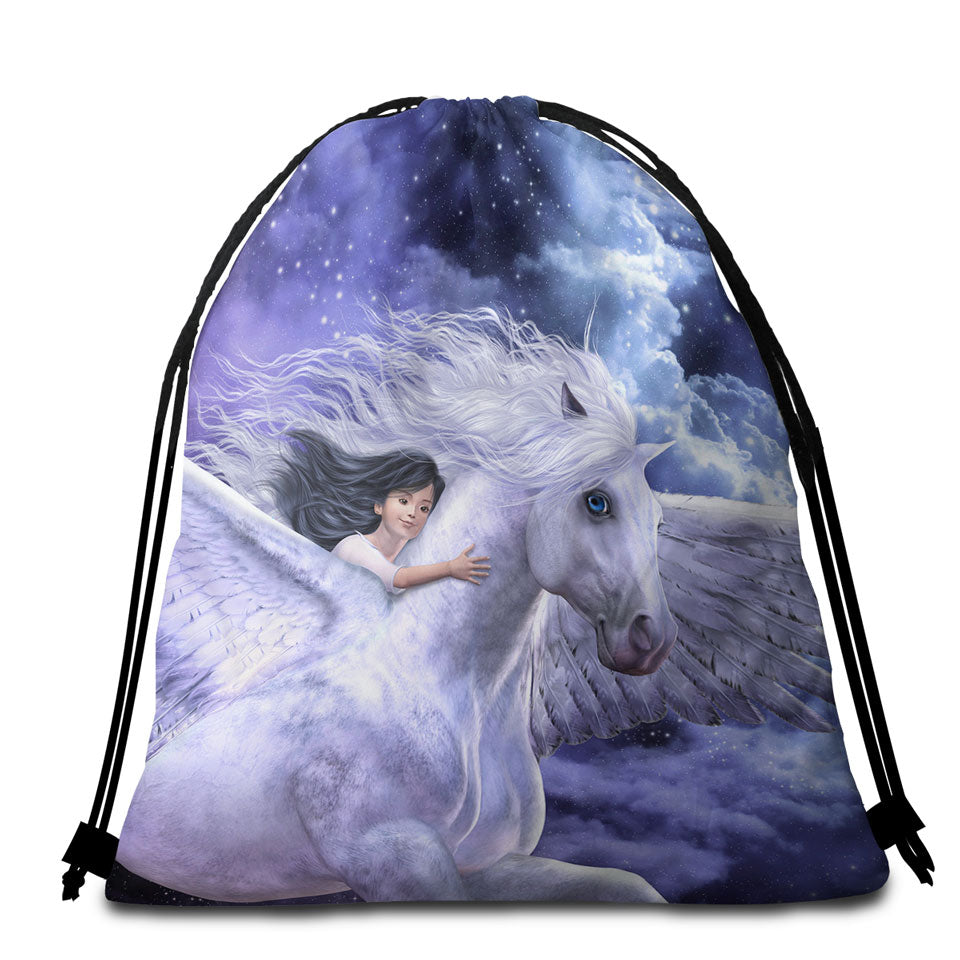 Kids Beach Towel Bags Fantasy Art Cute Girl Riding Flying Horse