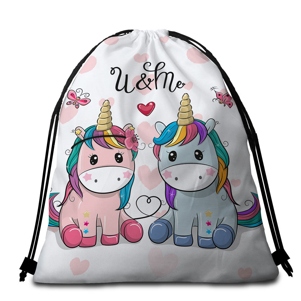 Kids Beach Towel Bags In Love U and Me Unicorns
