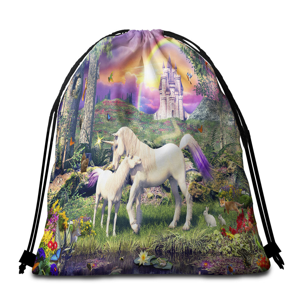 Kids Beach Towel Bags Magical Forest the Sanctuary of the Unicorns
