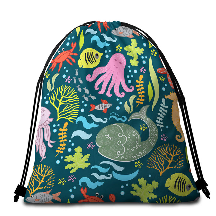 Kids Beach Towel Bags Multi Colored Marine Animals