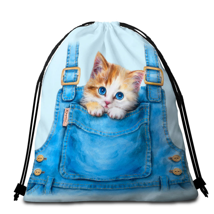 Kids Beach Towel Bags with Adorable Animal Drawings Pocket Kitten