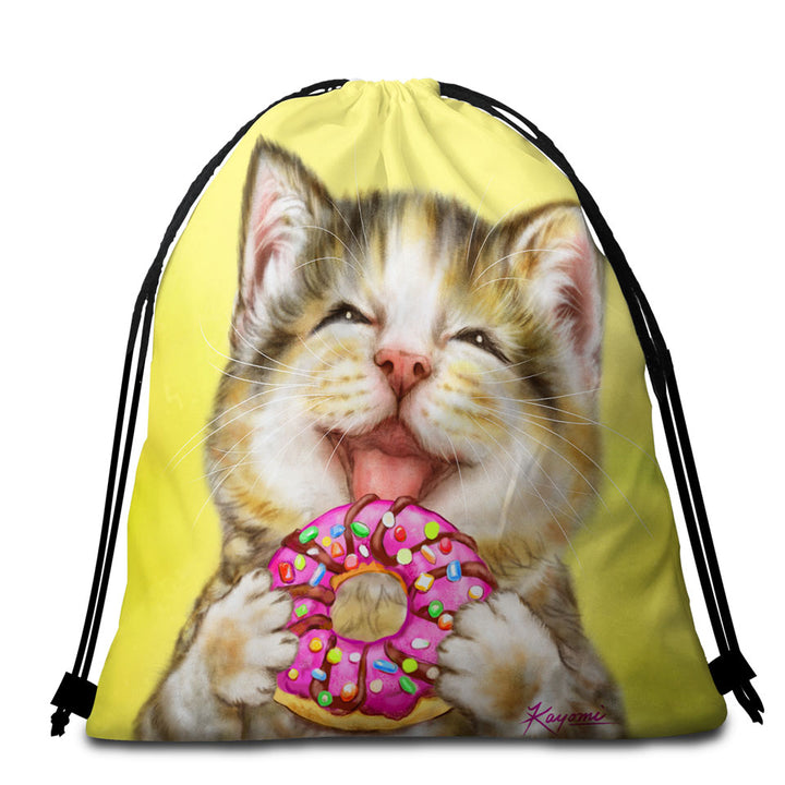 Kids Beach Towel Bags with Funny Cats Happy Tabby Kitten Eating Doughnut