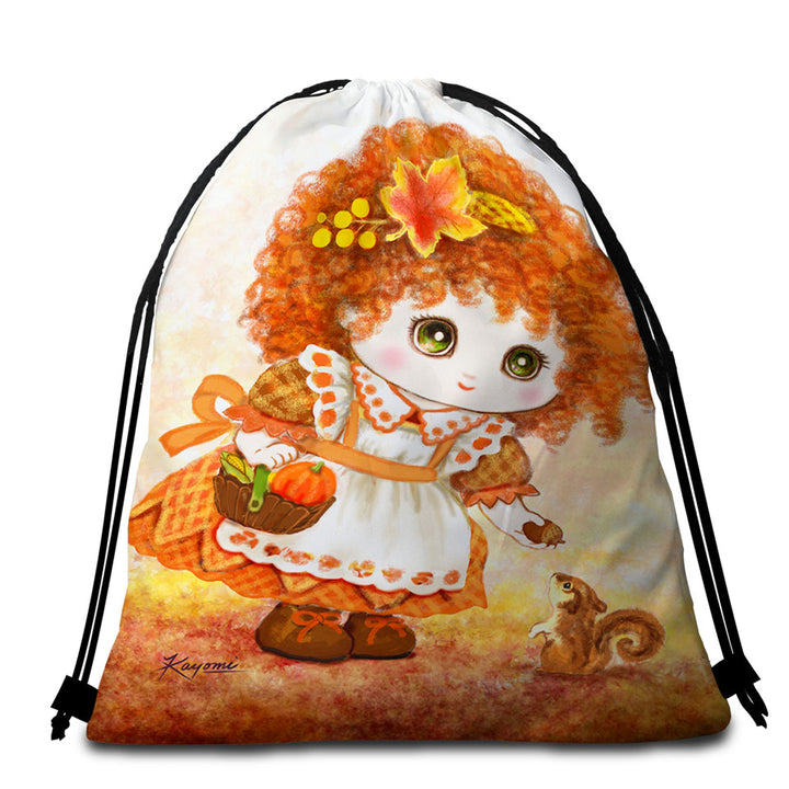 Kids Beach Towel Pack Drawings Autumn Orange Girl and Squirrel