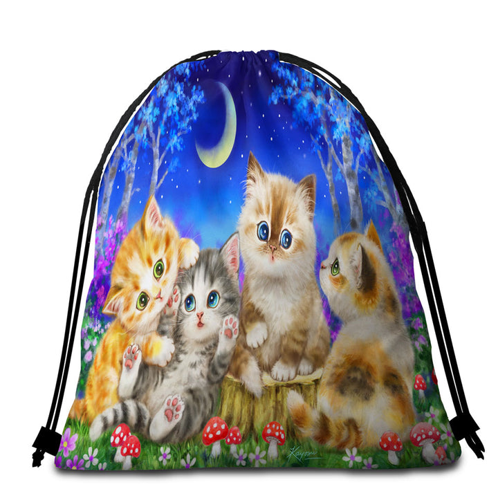 Kids Beach Towel bags with Moonlight Cats Cute Sweet Kittens in the Forest