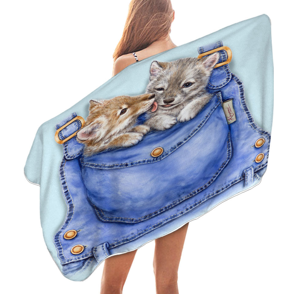 Kids Beach Towels Cute Animals Wolf Cubs Overall