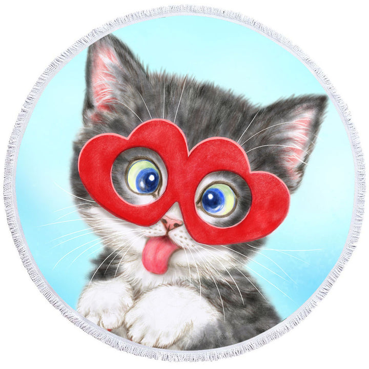 Kids Beach Towels Cute Silly Kitten Wearing Heart Glasses