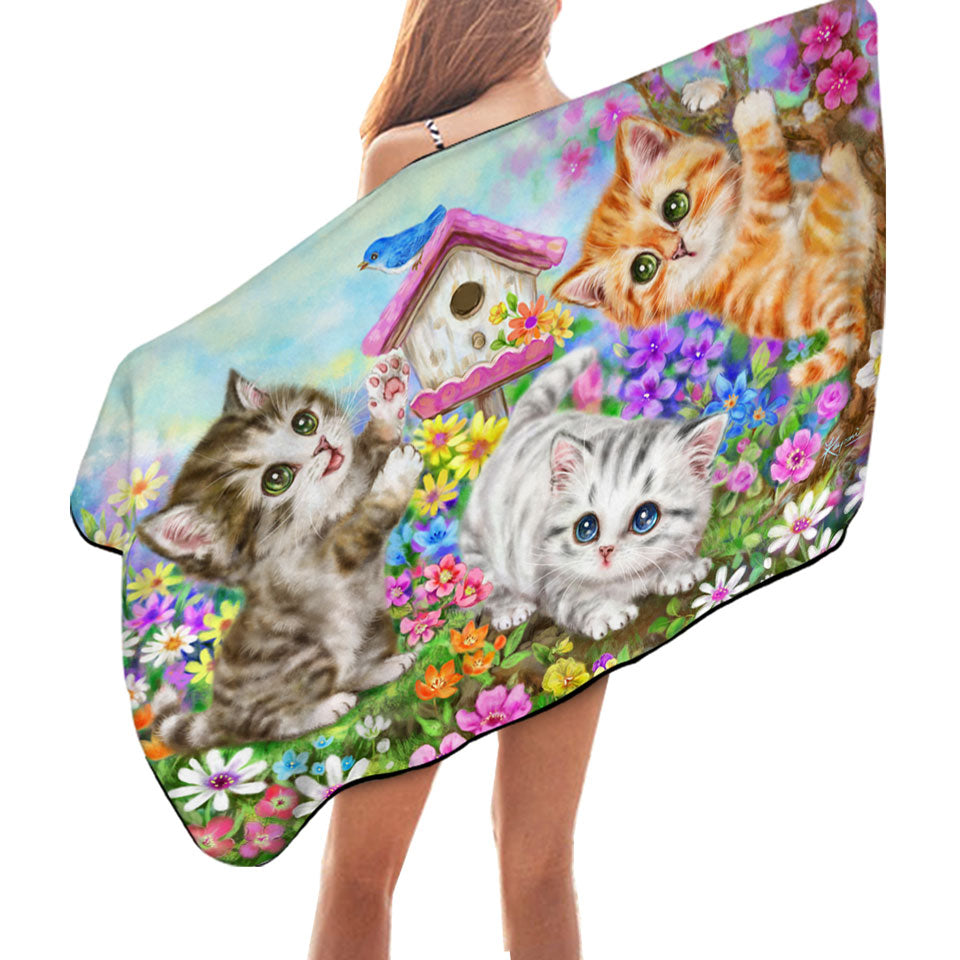Kids Beach Towels Designs Cute Bird House and Cats Kittens