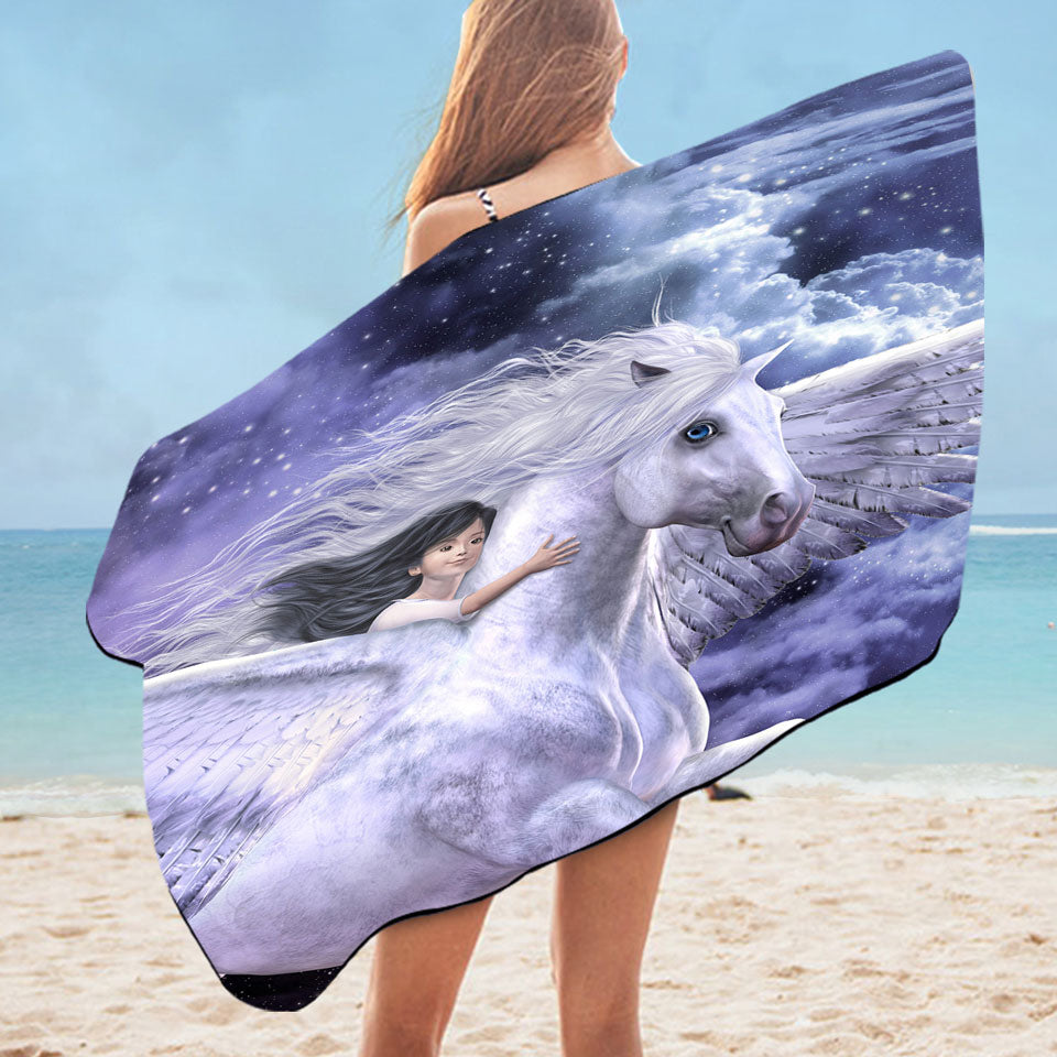 Kids Beach Towels Fantasy Art Cute Girl Riding Flying Horse