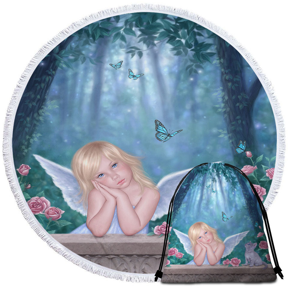 Kids Beach Towels Fantasy Art Little Miracles Cat and Cute Little Fairy
