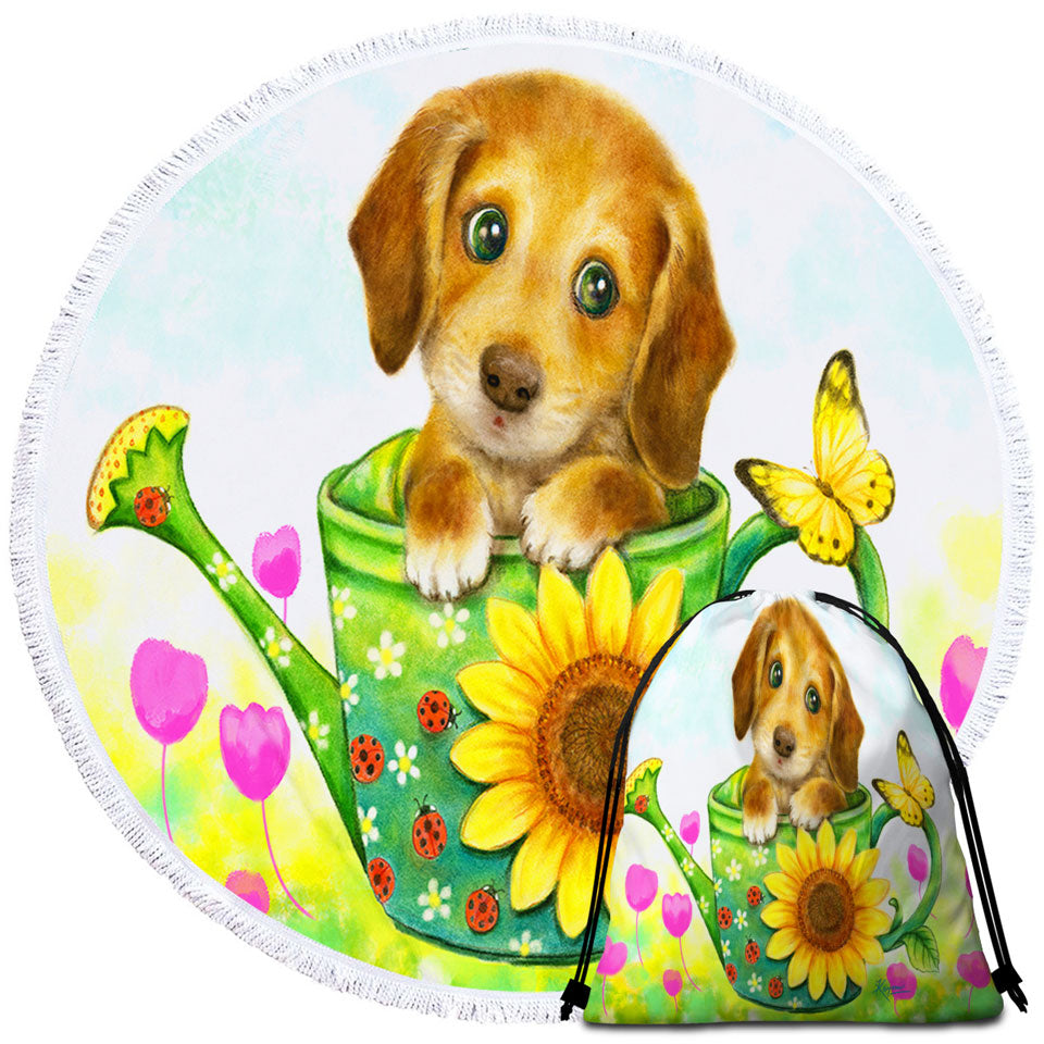 Kids Beach Towels and Bags Set Animal Dogs Art Cute Dachshund in Garden