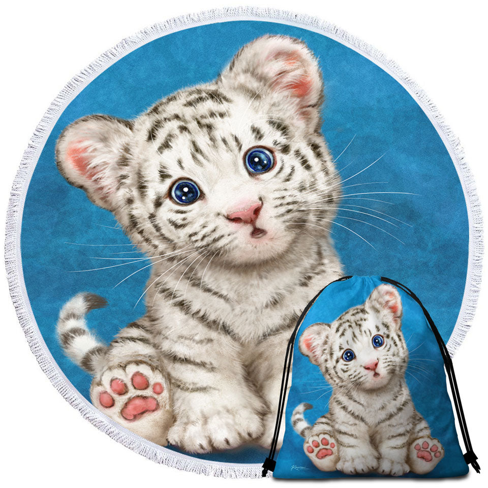 Kids Beach Towels and Bags Set Design Baby Blue Eyes White Tiger Cub