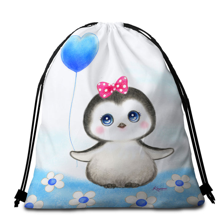 Kids Beach Towels and Bags Set Drawing Design Penguin Heart Balloon