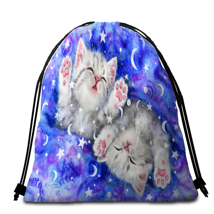 Kids Beach Towels and Bags Set Two Grey Kitty Cats Sweet Slumber Night
