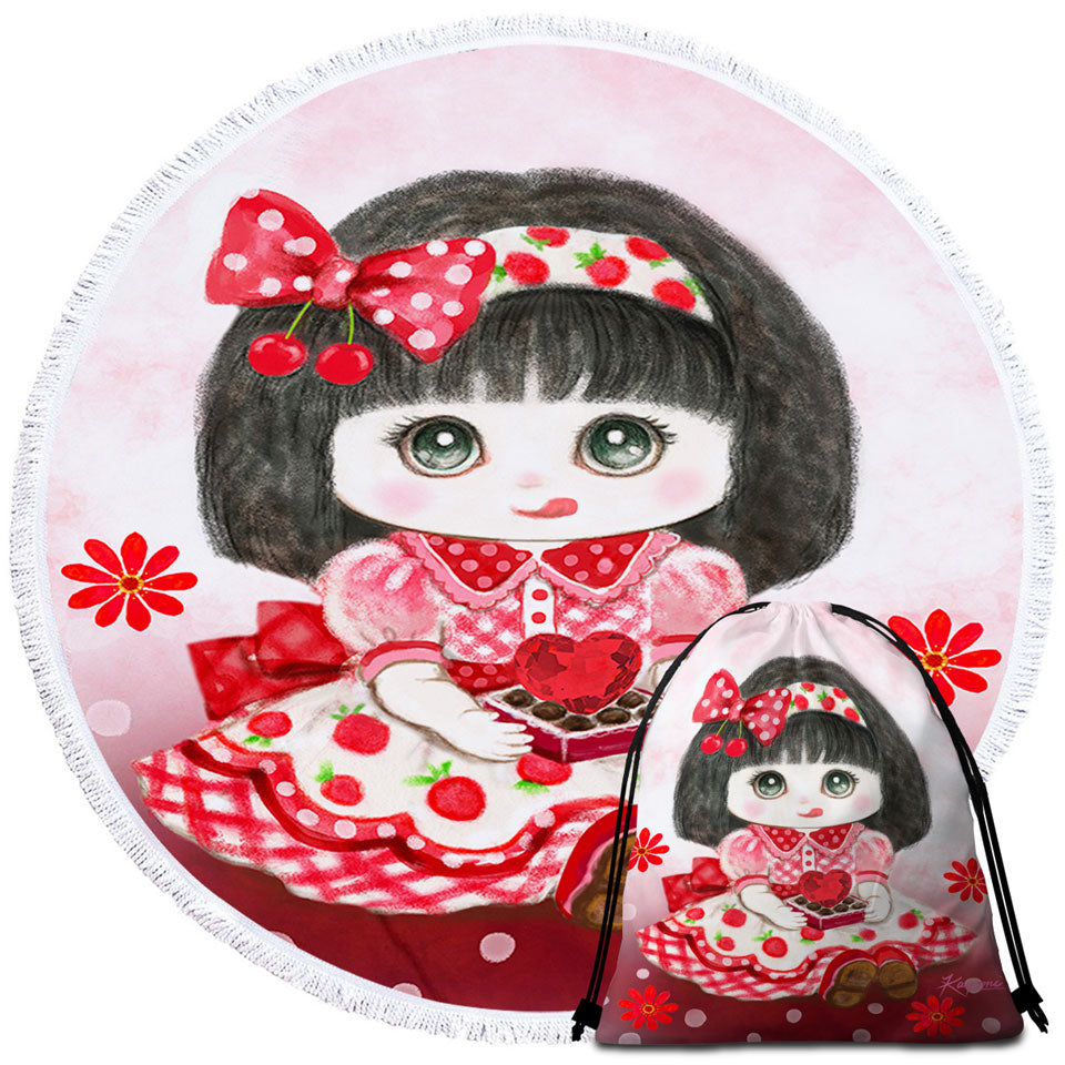 Kids Beach Towels for Girls Drawings Red Girl Heart and Flowers