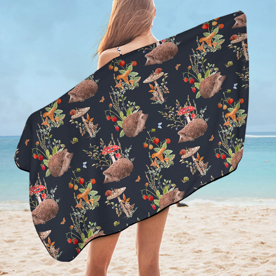 Kids Beach Towels with Cute Hedgehog in a Mushroom Garden