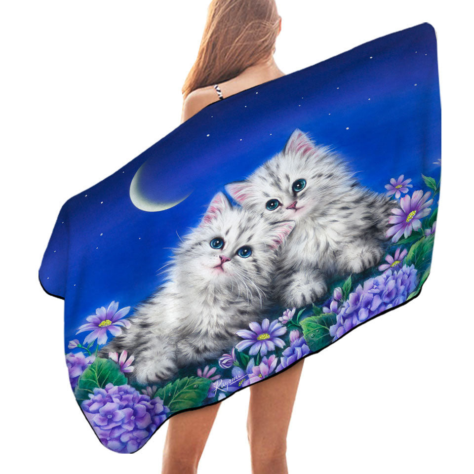 Kids Beach Towels with Moonlight Cats Cute Sweet Kittens at Night