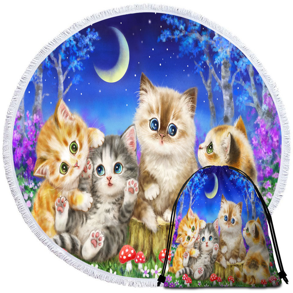 Kids Beach Towels with Moonlight Cats Cute Sweet Kittens in the Forest