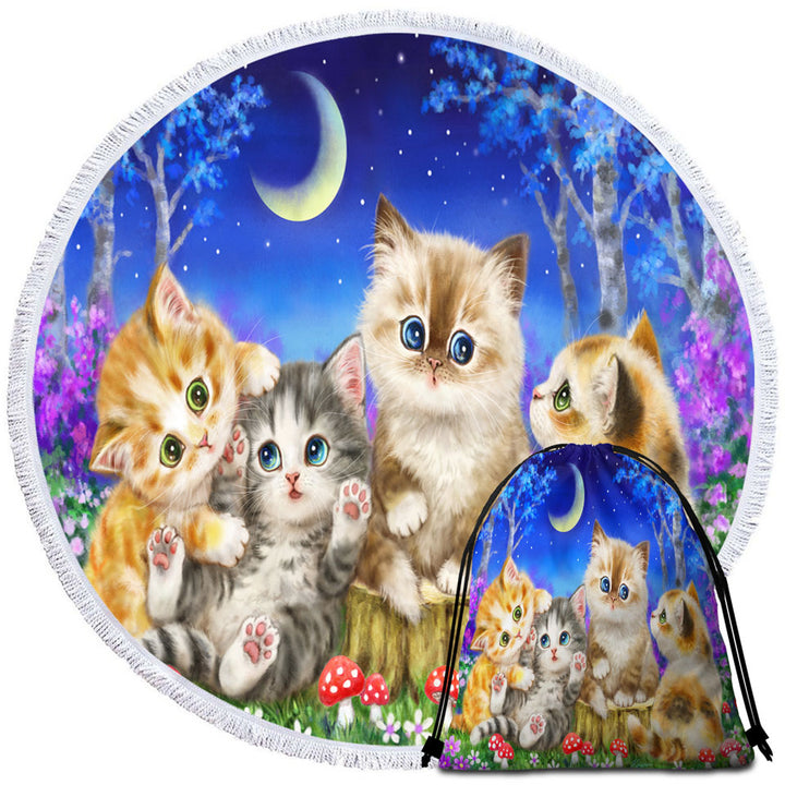 Kids Beach Towels with Moonlight Cats Cute Sweet Kittens in the Forest