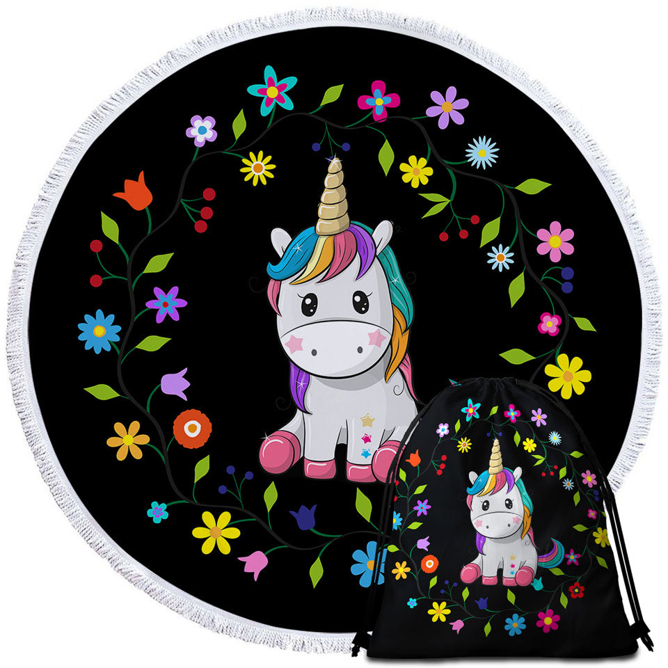 Kids Beach Towels with Simple Floral Circle and Adorable Unicorn