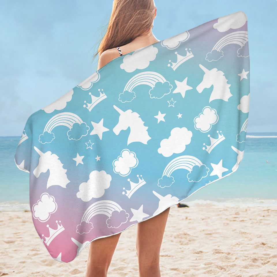 Kids Beach Towels with White Silhouettes Clouds and Unicorns