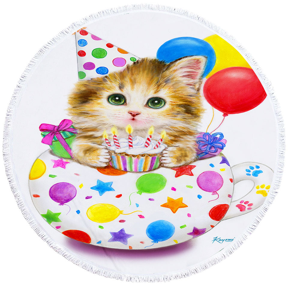 Kids Cat Art Drawings the Cute Cup Kitty Birthday Round Beach Towel