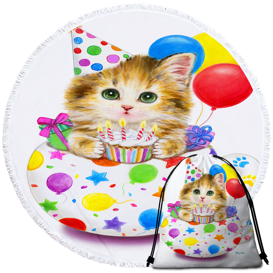 Kids Cat Art Drawings the Cute Cup Kitty Birthday Round Picnic Towel