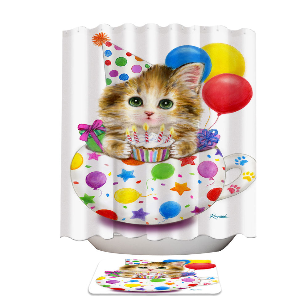 Kids Cat Art Drawings the Cute Cup Kitty Birthday Shower Curtain