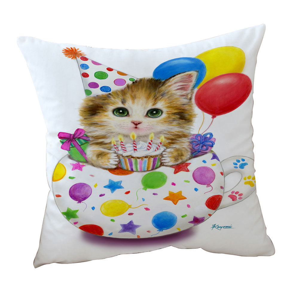 Kids Cat Art Drawings the Cute Cup Kitty Birthday Throw Pillow