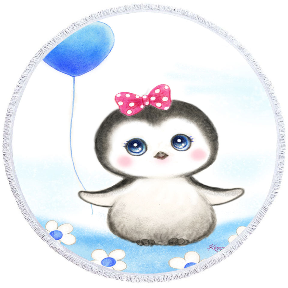 Kids Circle Beach Towel Drawing Design Penguin Heart Balloon