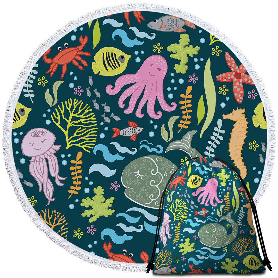 Kids Circle Towel Multi Colored Marine Animals