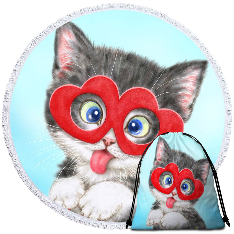 Kids Circle Towels Cute Silly Kitten Wearing Heart Glasses