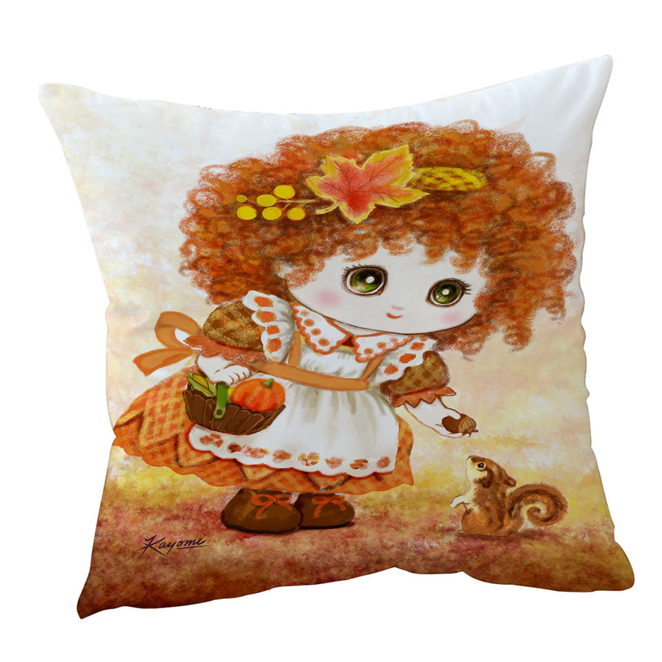 Kids Cushion Cover Drawings Autumn Orange Girl and Squirrel