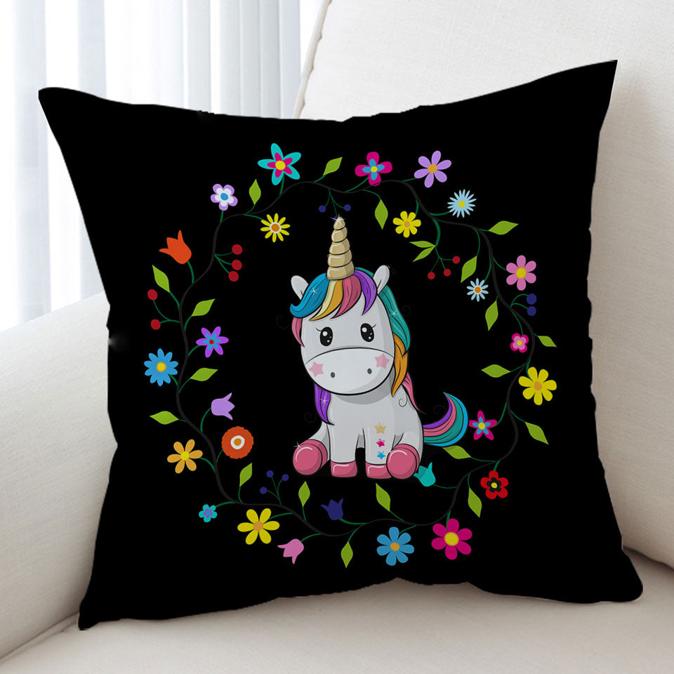Kids Cushion Covers with Simple Floral Circle and Adorable Unicorn