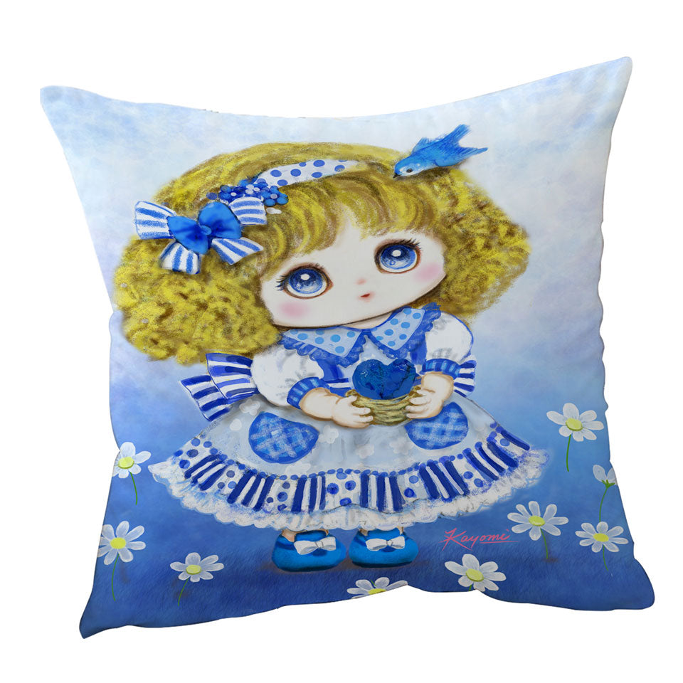 Kids Cushion Drawings Blue Girl and Daisy Flowers